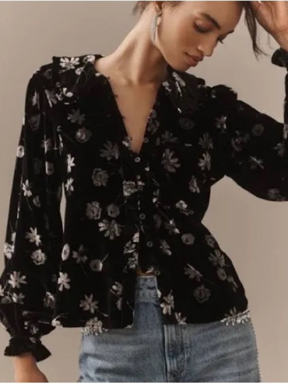 Pilcro Anthropologie Keira Black Velvet Floral Applique Ruffle Blouse Small